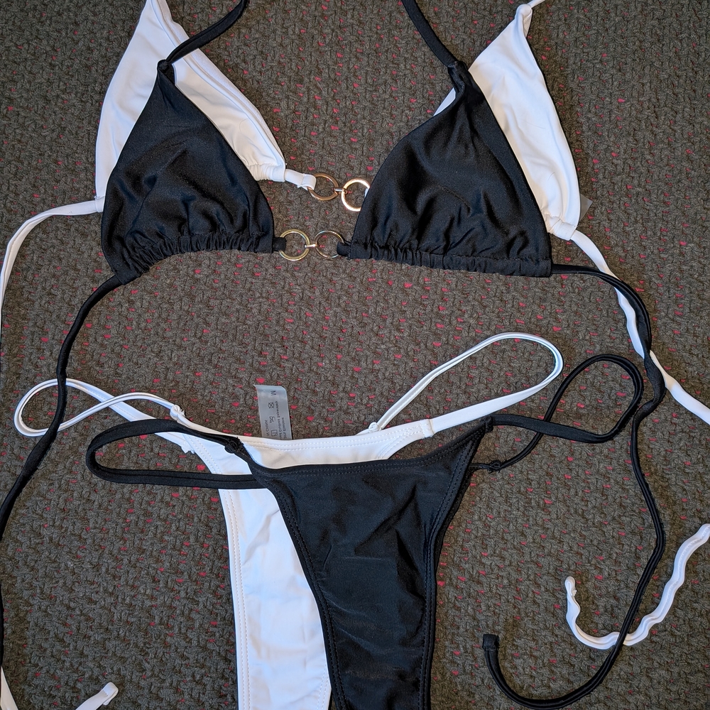 Black and White Bikini with Gold Accents